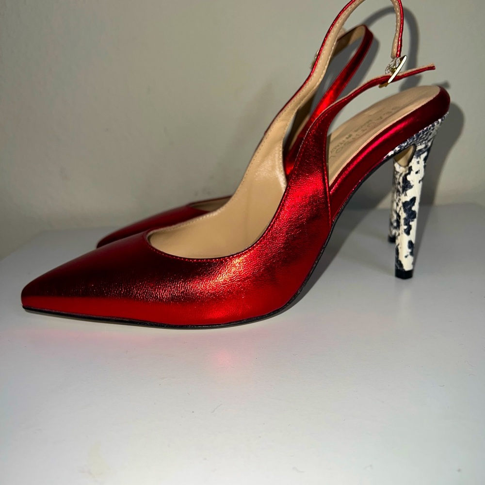 $295 Beautiisoles Michelle Red Metallic Leather Pointed Toe Slingback Shoes Sz 9